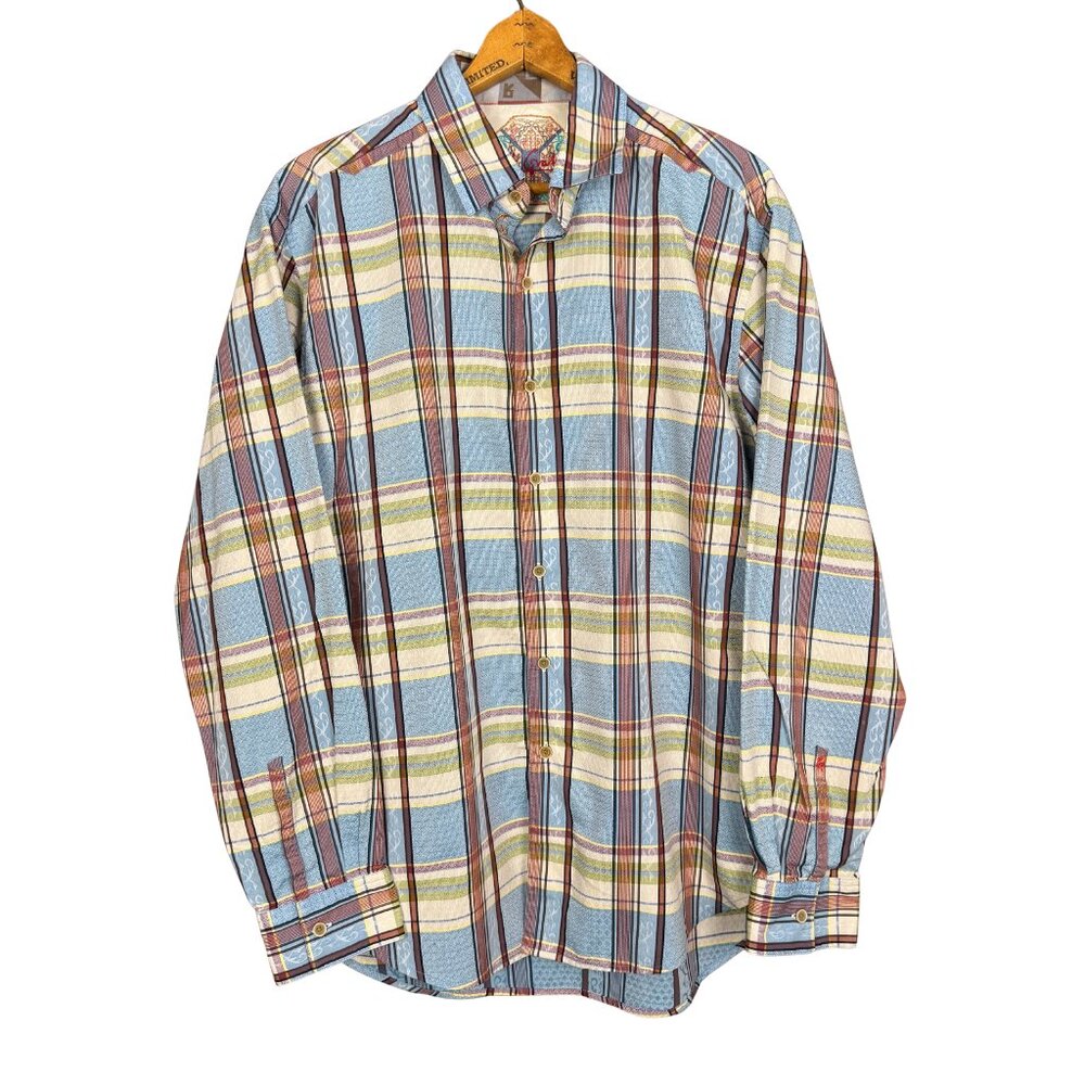Robert Graham Limited Edition Shirt Large Cotton Silk Blue Plaid Embroidered